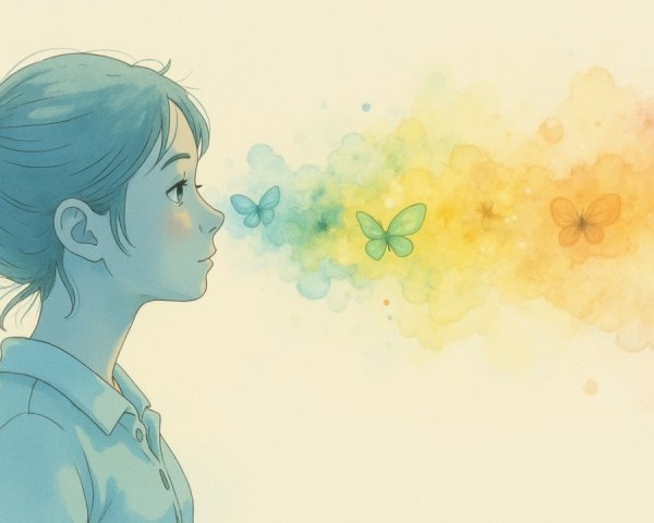 Illustration of a girl with butterflies and soft hues