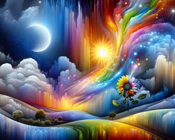 Surreal Landscape with Colorful Cosmic Elements