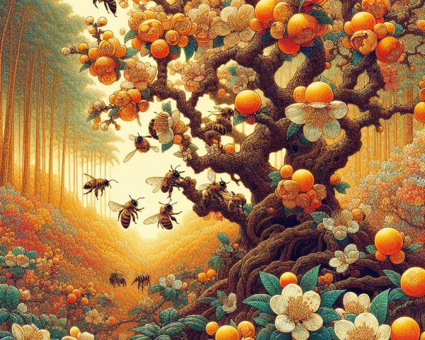 Vibrant Landscape with Ancient Tree and Glowing Fruits