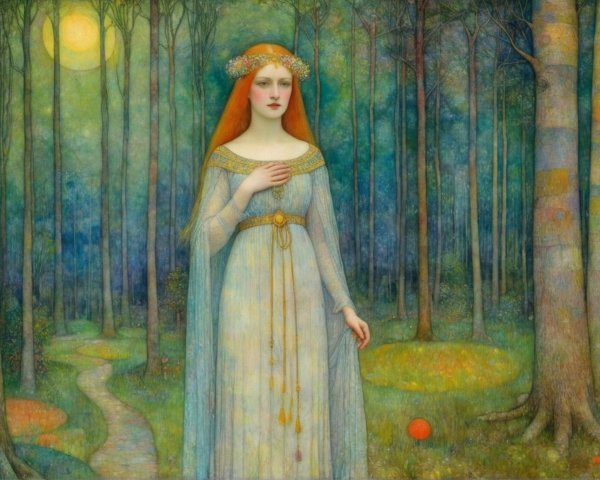 Serene figure in a mystical forest with moonlight