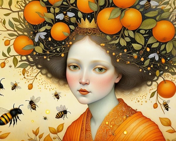 Whimsical Portrait of Woman with Orange Crown and Bees