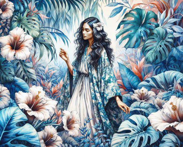 Serene Figure in Tropical Setting with Hibiscus Flowers