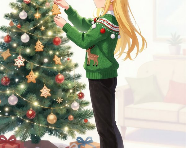 Anime-style girl with blonde hair by Christmas tree