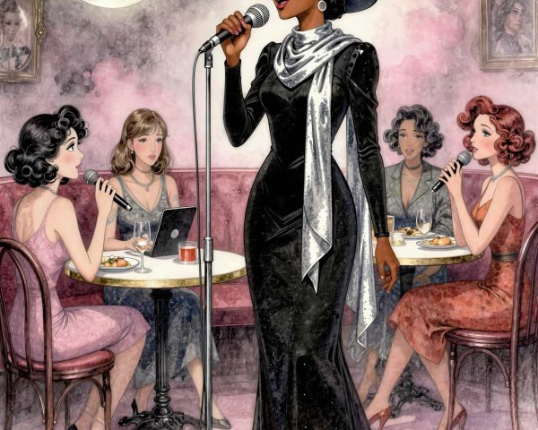 Art Deco Illustration of African American Singer and Women