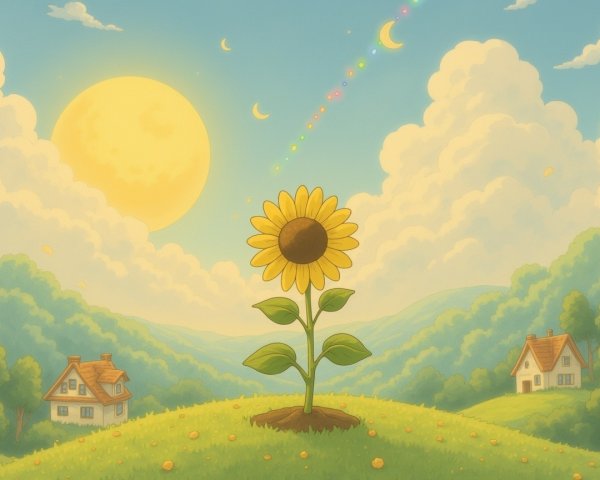 Vibrant Sunflower and Charming Houses in Serene Landscape