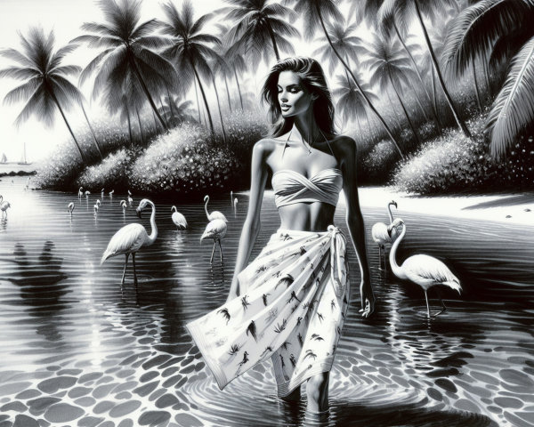 Black and White Illustration of Woman in Tropical Setting