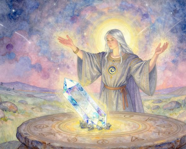 Watercolor of Woman with Silver Hair and Crystal Altar