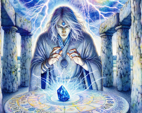 Illustration of a sorcerer with crystal and stone henge