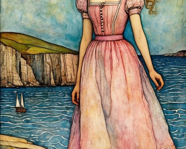 Young woman in vintage dress at rocky shore with sea