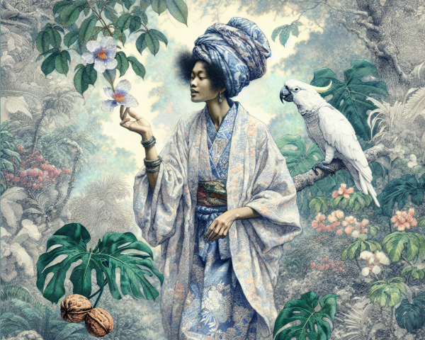 Woman in Kimono Surrounded by Tropical Foliage