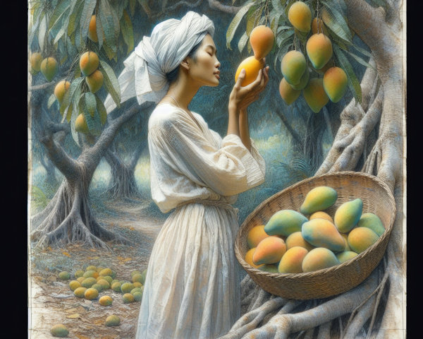 Serene figure in white dress among lush mango trees