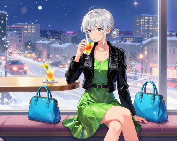 Anime Illustration of Woman in Cafe with Orange Juice