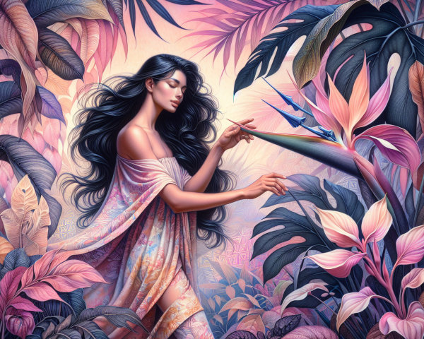 Serene Woman in Lush Tropical Setting with Pastel Hues