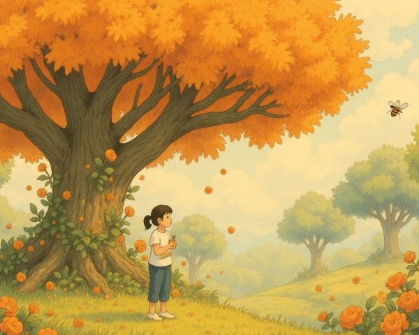 Young girl in vibrant landscape with orange trees