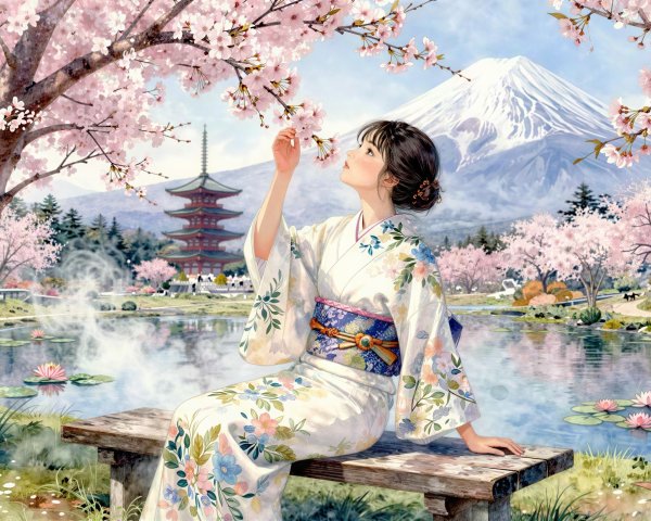 Anime Style Painting of Japanese Woman in Kimono