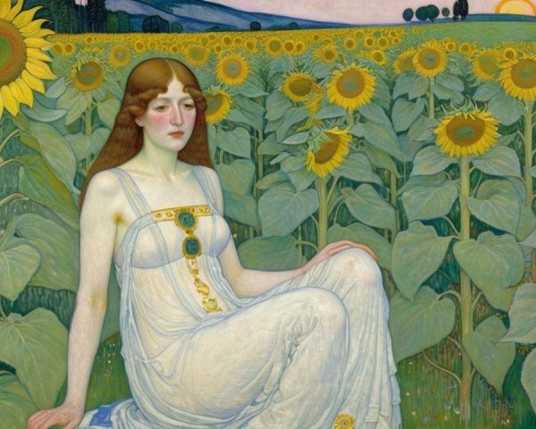 Young Woman in White Dress Surrounded by Sunflowers