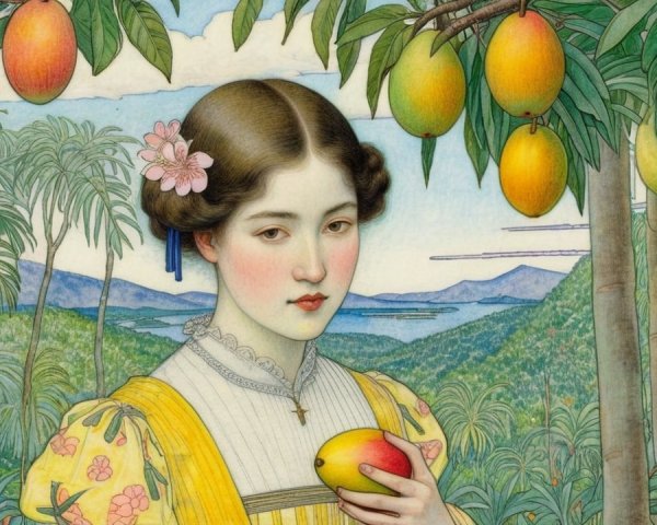 Young woman in yellow dress holding mango in nature