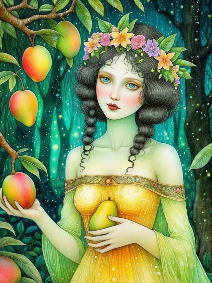 Whimsical Illustration of a Serene Woman in Nature