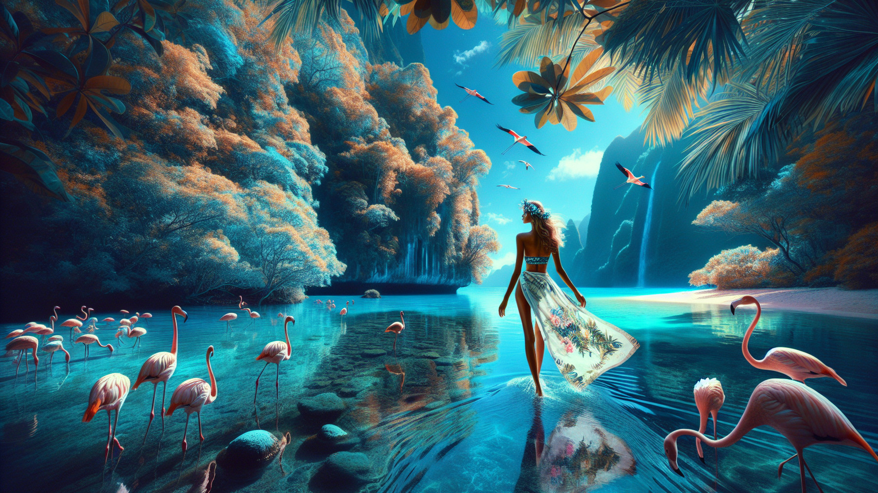 Tranquil Lagoon with Lush Foliage and Flamingos