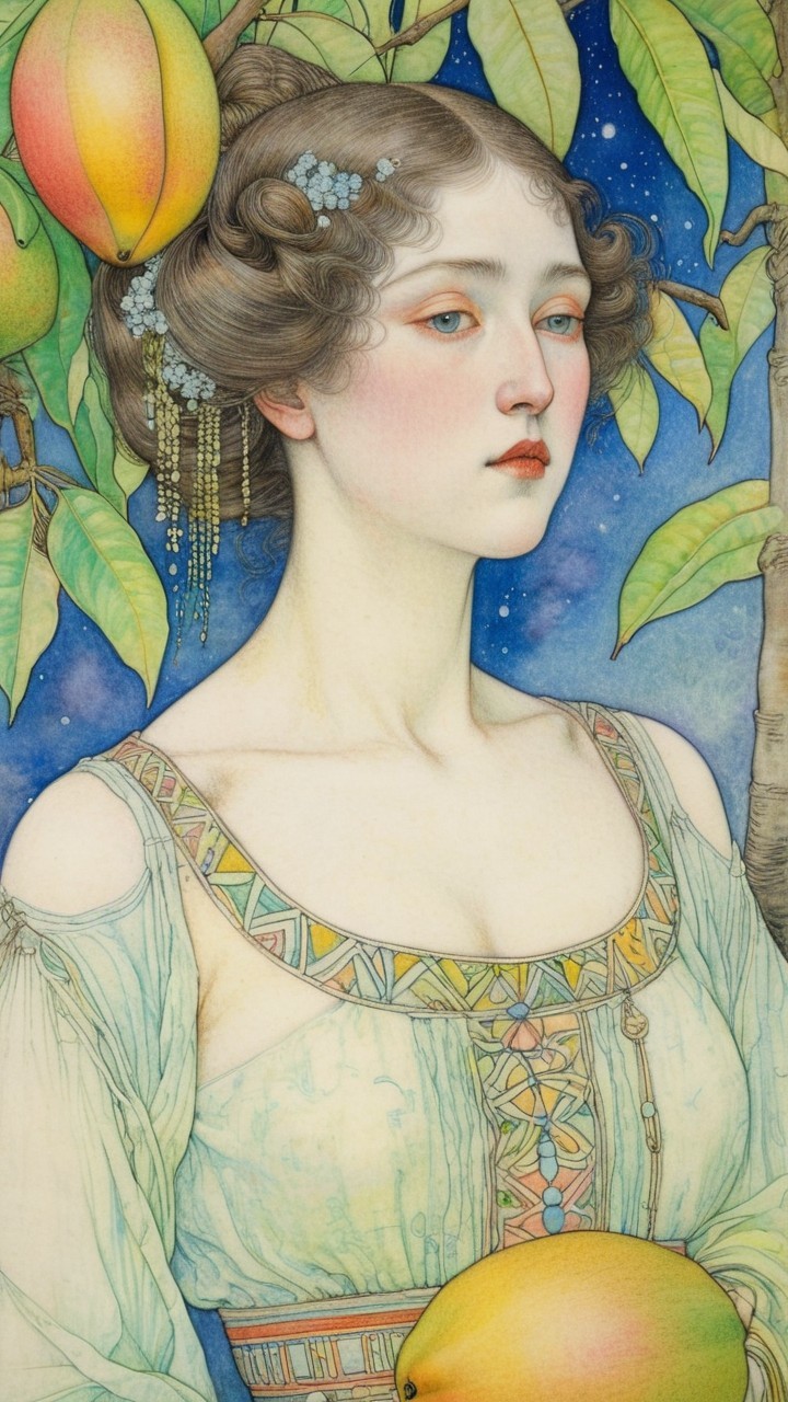 Young Woman in Gown Surrounded by Nature and Mangoes