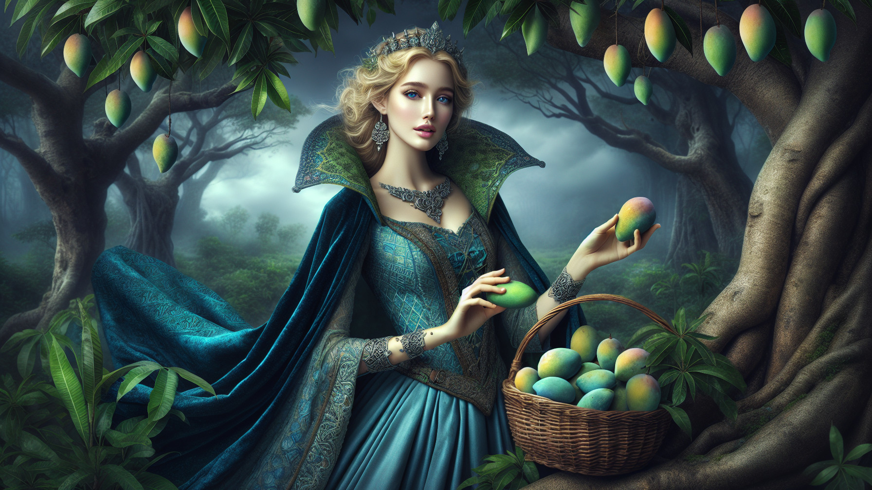 Regal woman in teal gown with mangoes in forest
