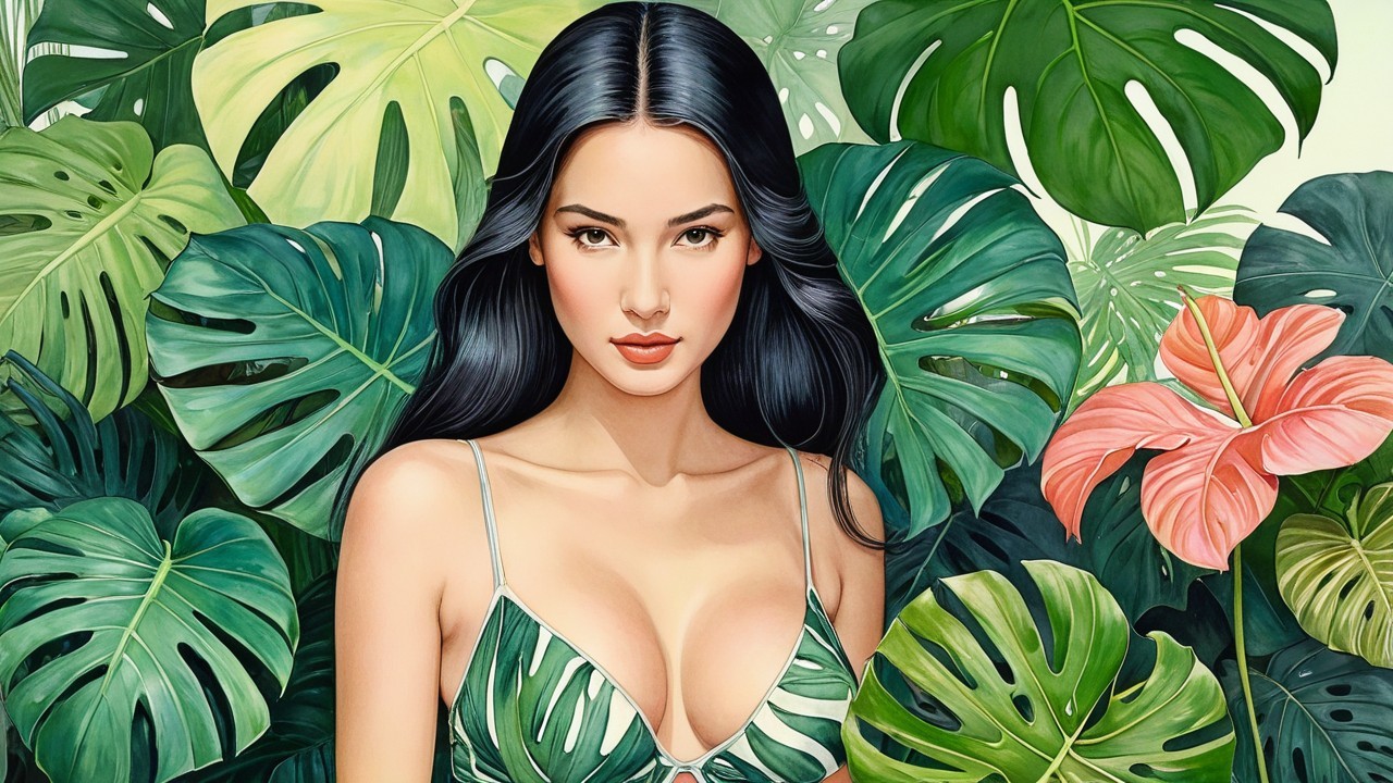 Portrait of a Woman in Tropical Setting with Foliage