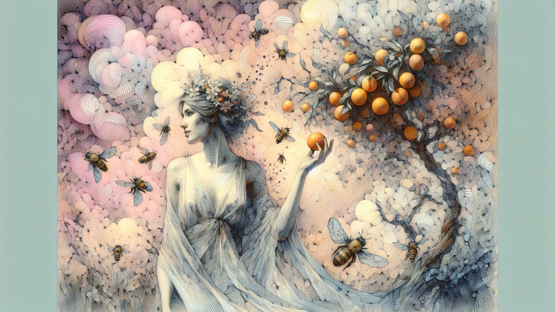 Whimsical Scene of Woman with Floral Crown and Oranges