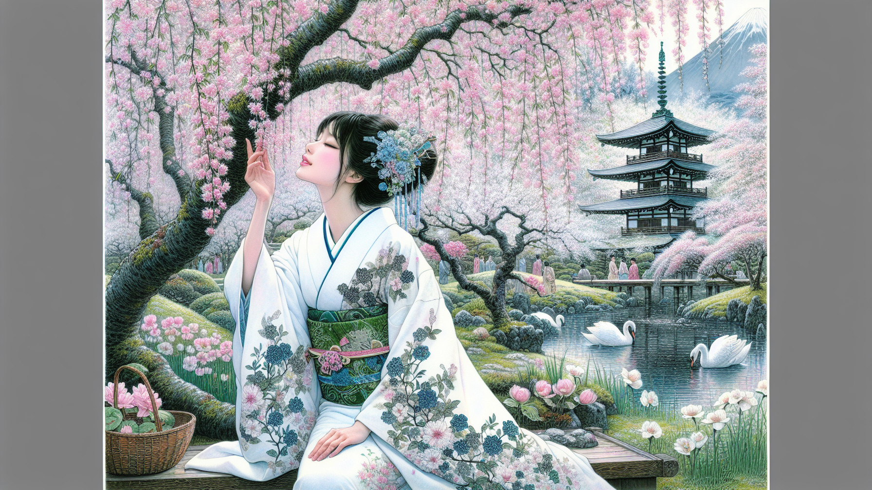 Japanese woman in white kimono by cherry blossoms