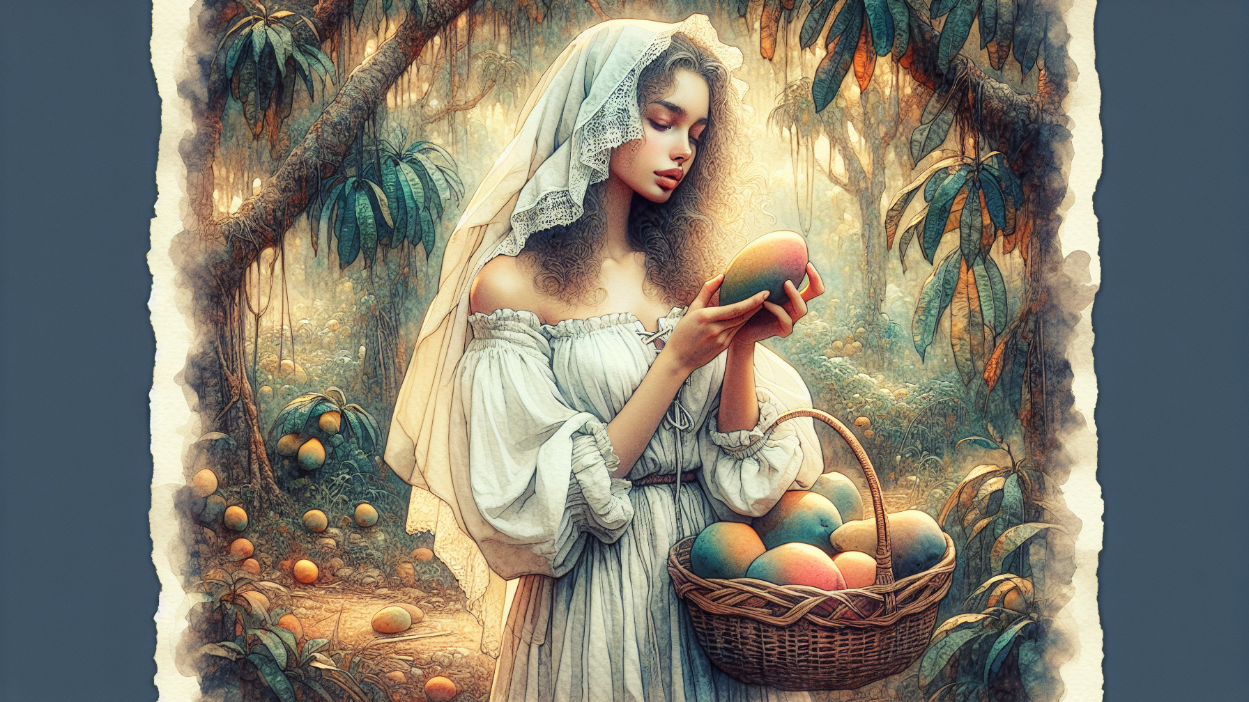 Young Woman in White Dress Surrounded by Mango Trees