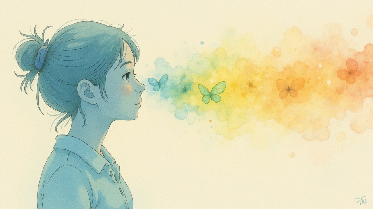 Illustration of a girl with butterflies and soft hues