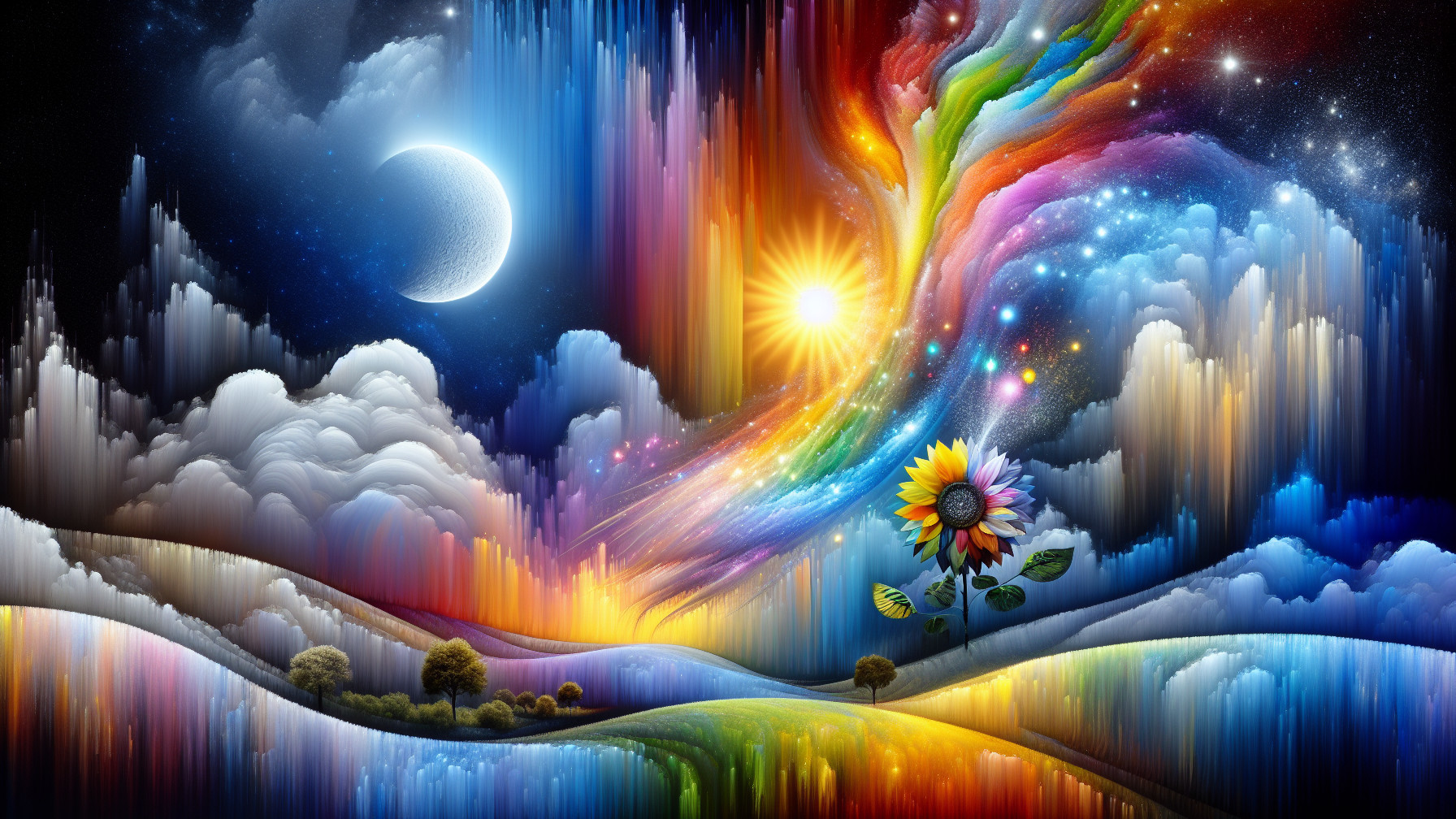 Surreal Landscape with Colorful Cosmic Elements