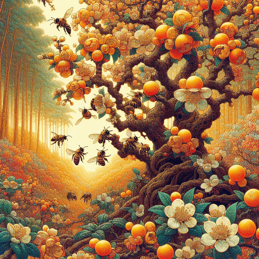 Vibrant Landscape with Ancient Tree and Glowing Fruits