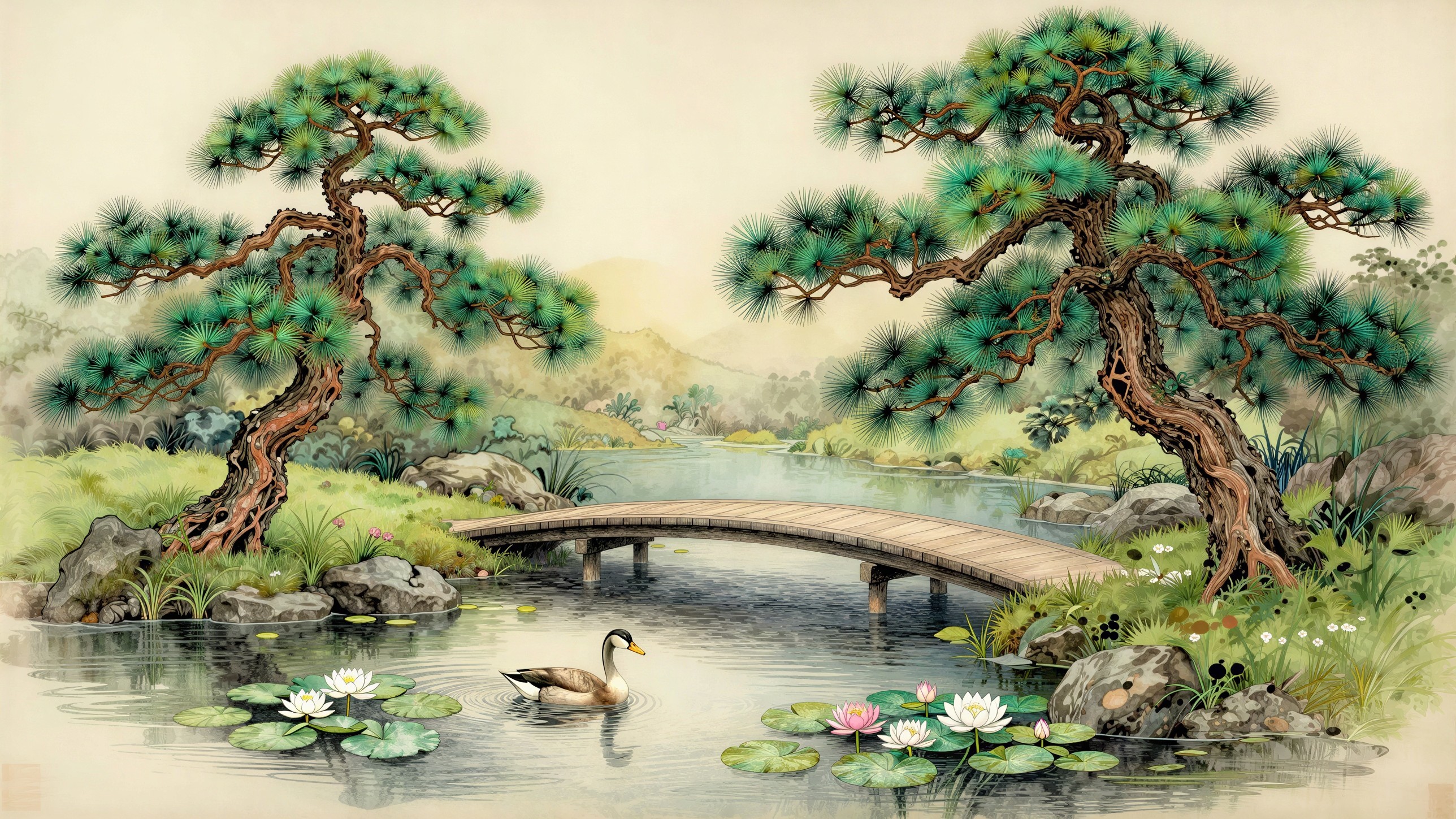 Tranquil Garden Scene with River and Bridge in Watercolor