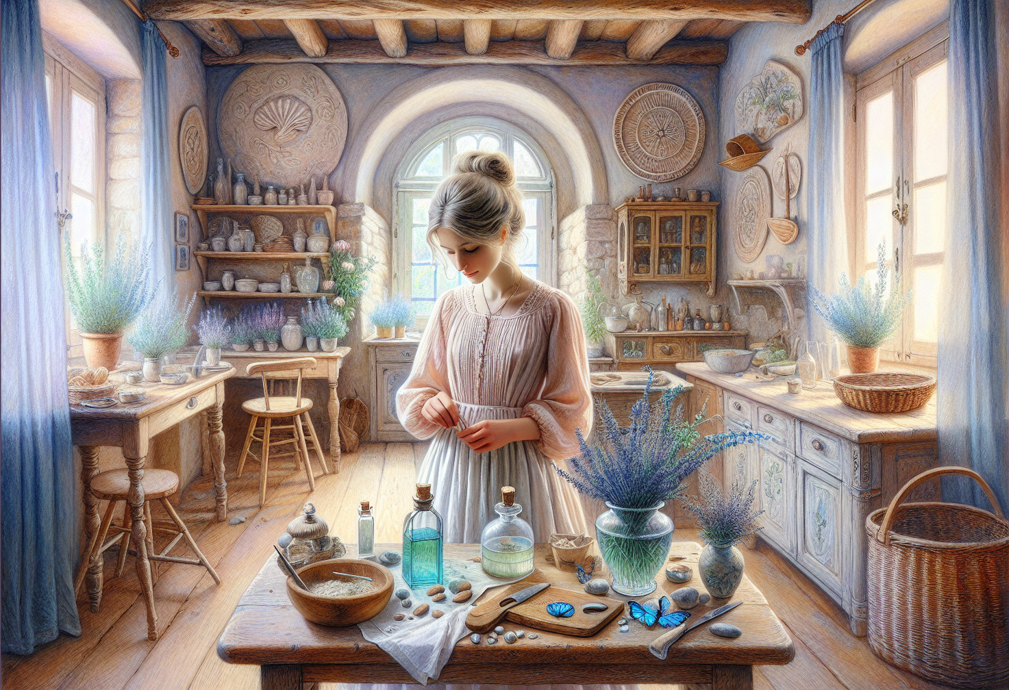 Serene Herbal Workshop with Natural Elements and Light