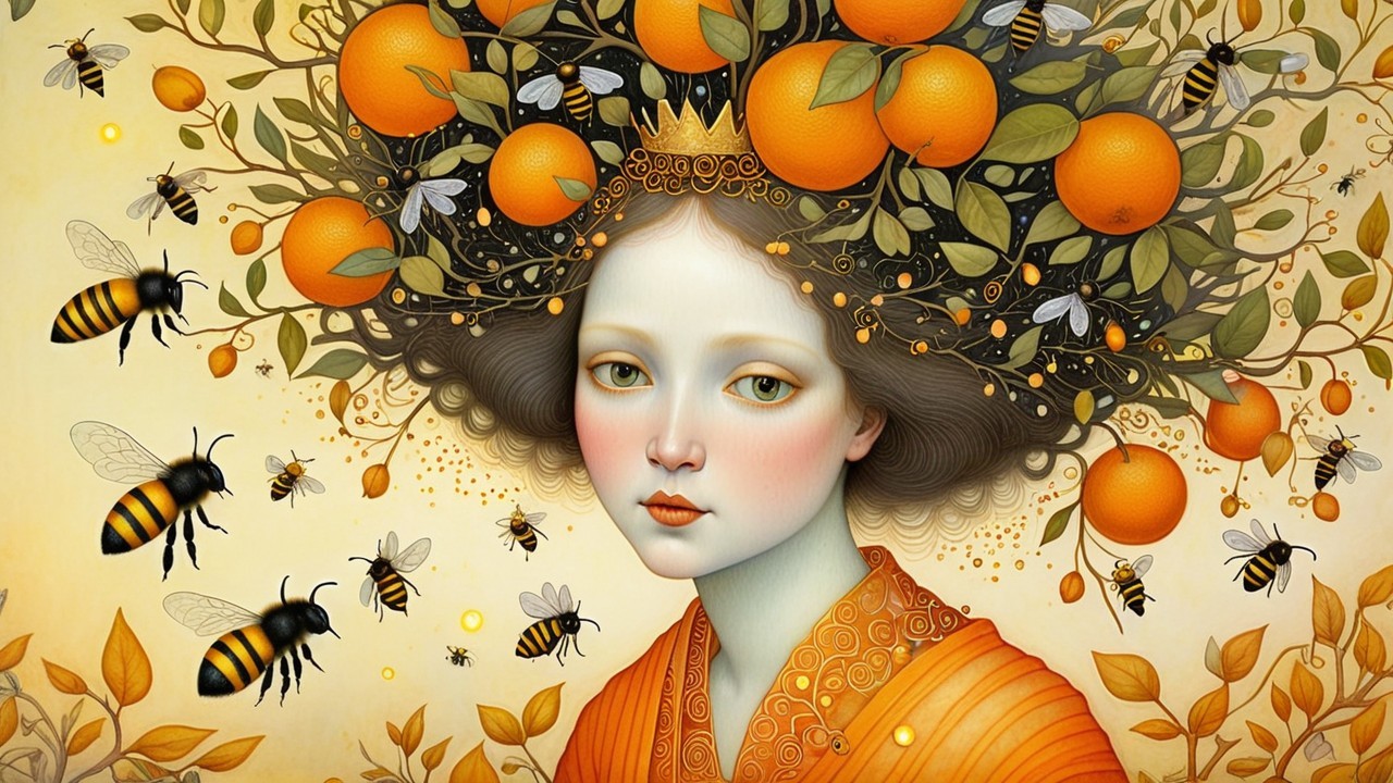 Whimsical Portrait of Woman with Orange Crown and Bees