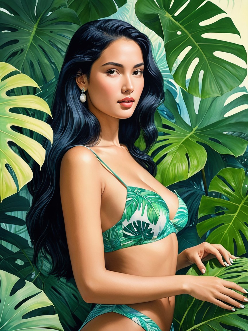 Confident Woman in Tropical Bikini Surrounded by Foliage