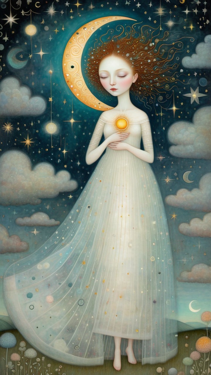 Whimsical Figure in a Serene Night Sky Scene