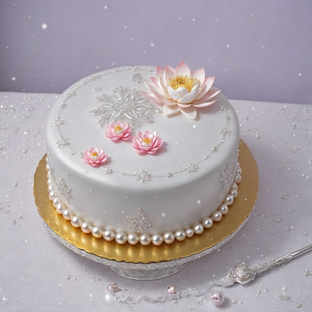 Two-Tiered White Fondant Cake with Lotus Flowers