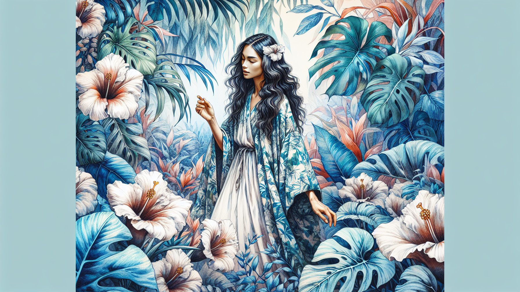 Serene Figure in Tropical Setting with Hibiscus Flowers