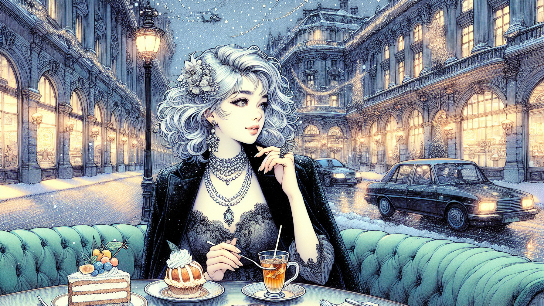Elegant Woman in Silver Hair at French Restaurant