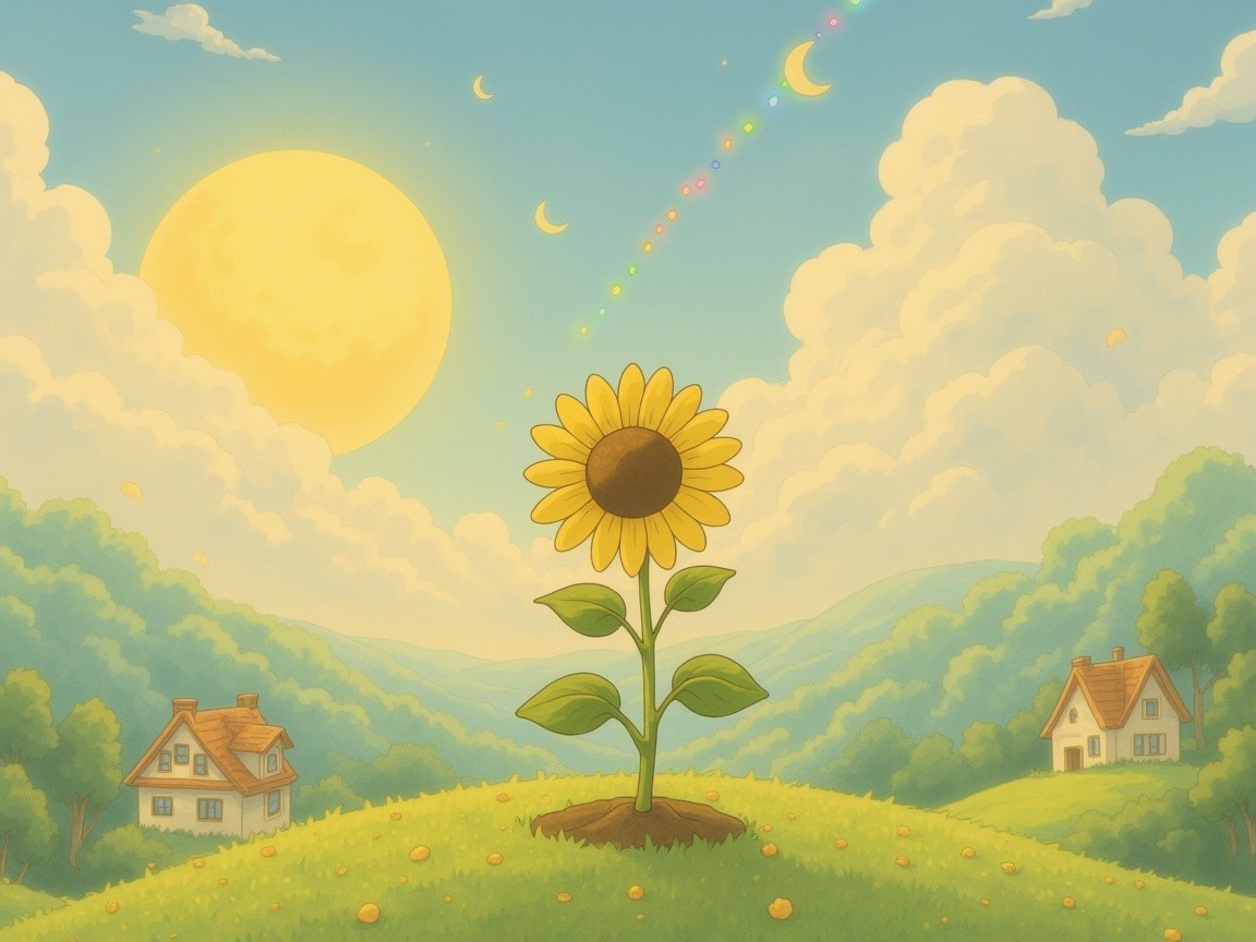 Vibrant Sunflower and Charming Houses in Serene Landscape