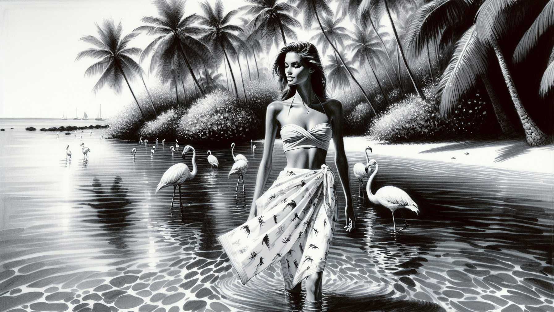 Black and White Illustration of Woman in Tropical Setting