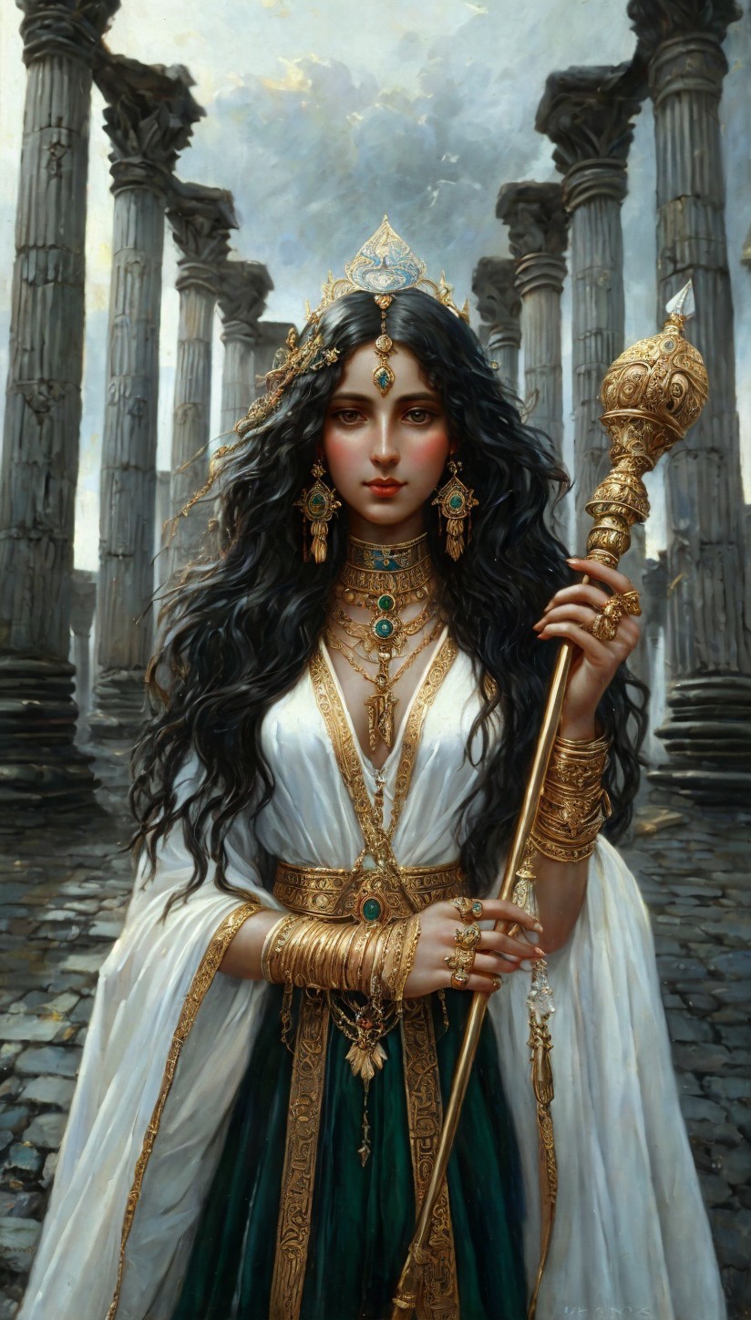 Regal Figure in Ancient Setting with Gold Jewelry