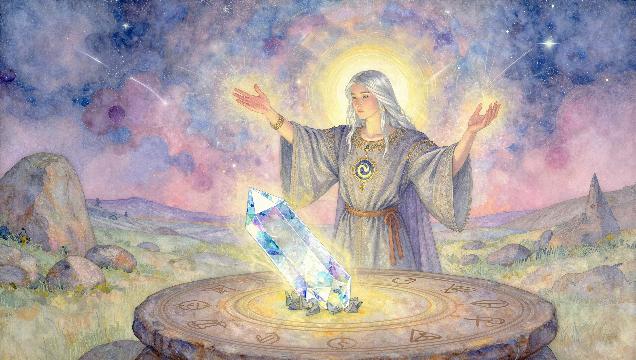 Watercolor of Woman with Silver Hair and Crystal Altar