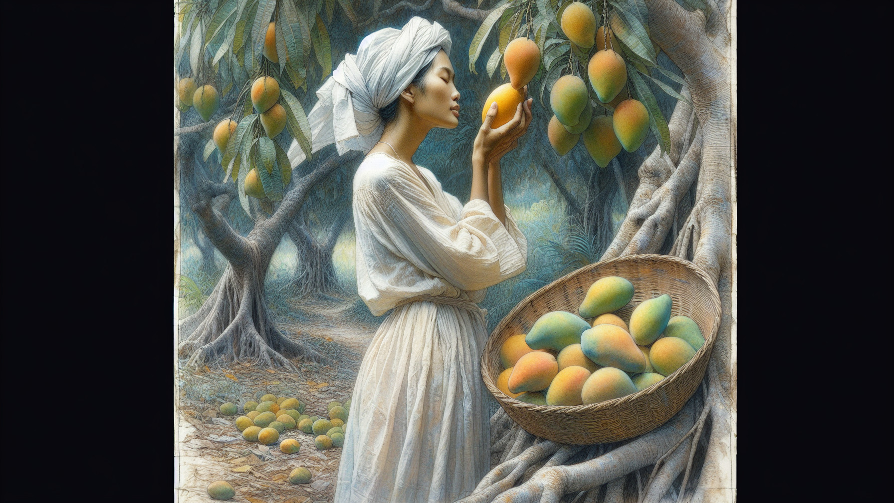 Serene figure in white dress among lush mango trees