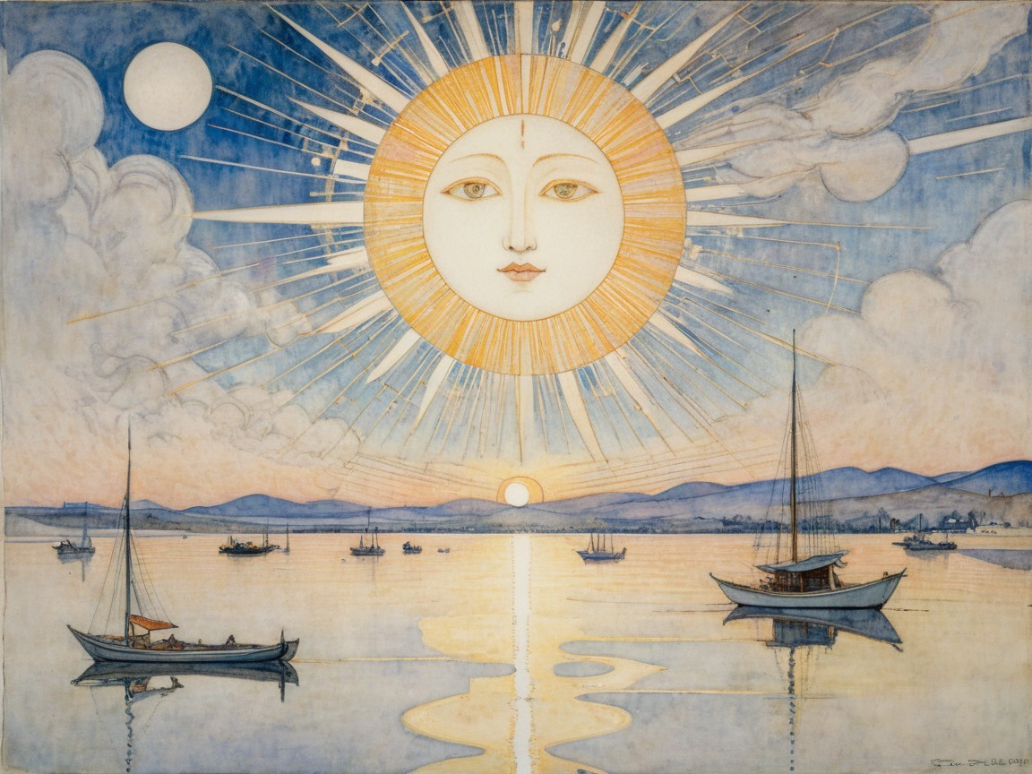 Serene Landscape with Radiant Sun and Calm Waters