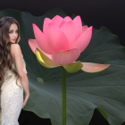 Young Woman with Floral Crown by Blooming Lotus