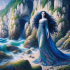 Mystical Woman by Ocean on Rocky Shore with Cliffs