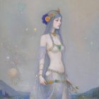 Graceful Figure in Embellished Costume Against Nature