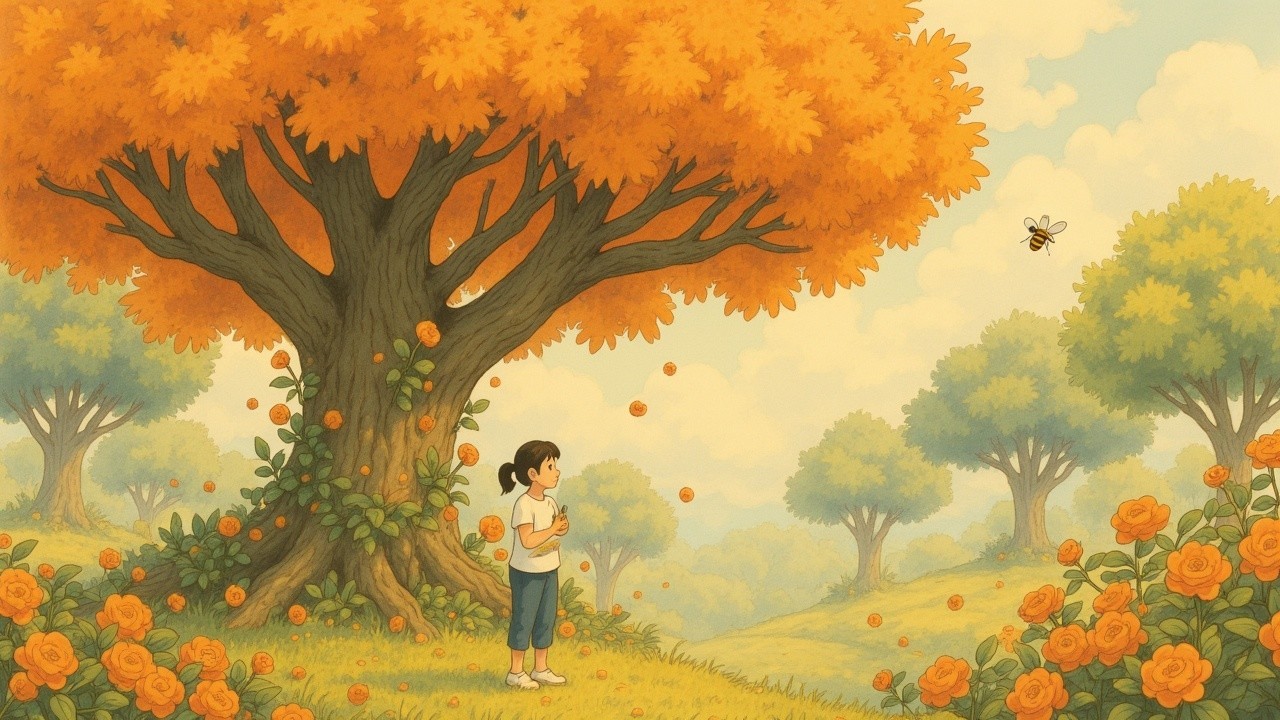 Young girl in vibrant landscape with orange trees